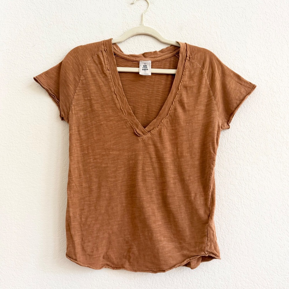 We The Free‎ Free People Womens Medium Rust Brown Slub Knit V-Neck Raglan Tee